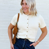 Short Sleeve Button Down Cardigan in Ivory - Infinity Raine