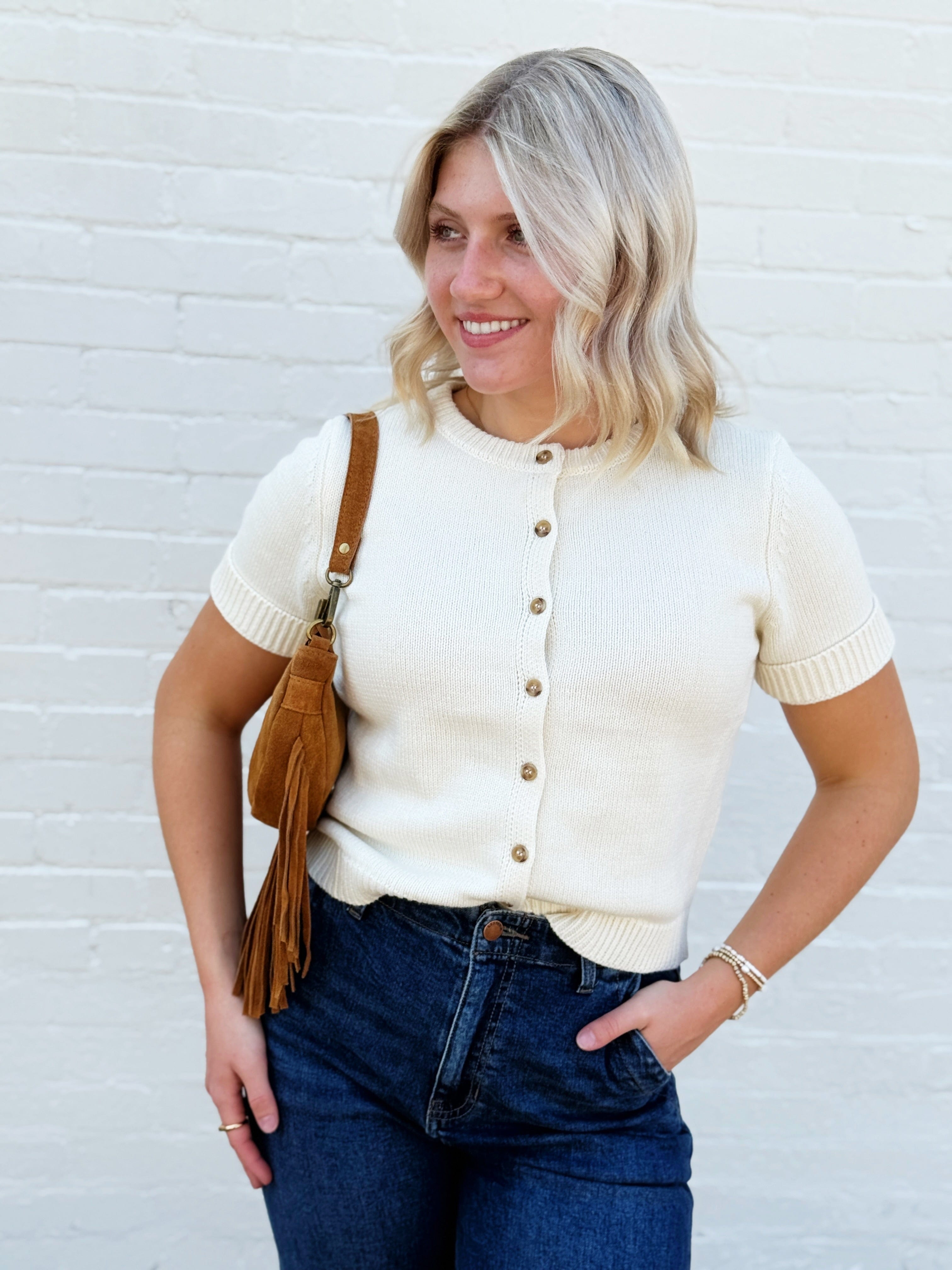 Short Sleeve Button Down Cardigan in Ivory - Infinity Raine