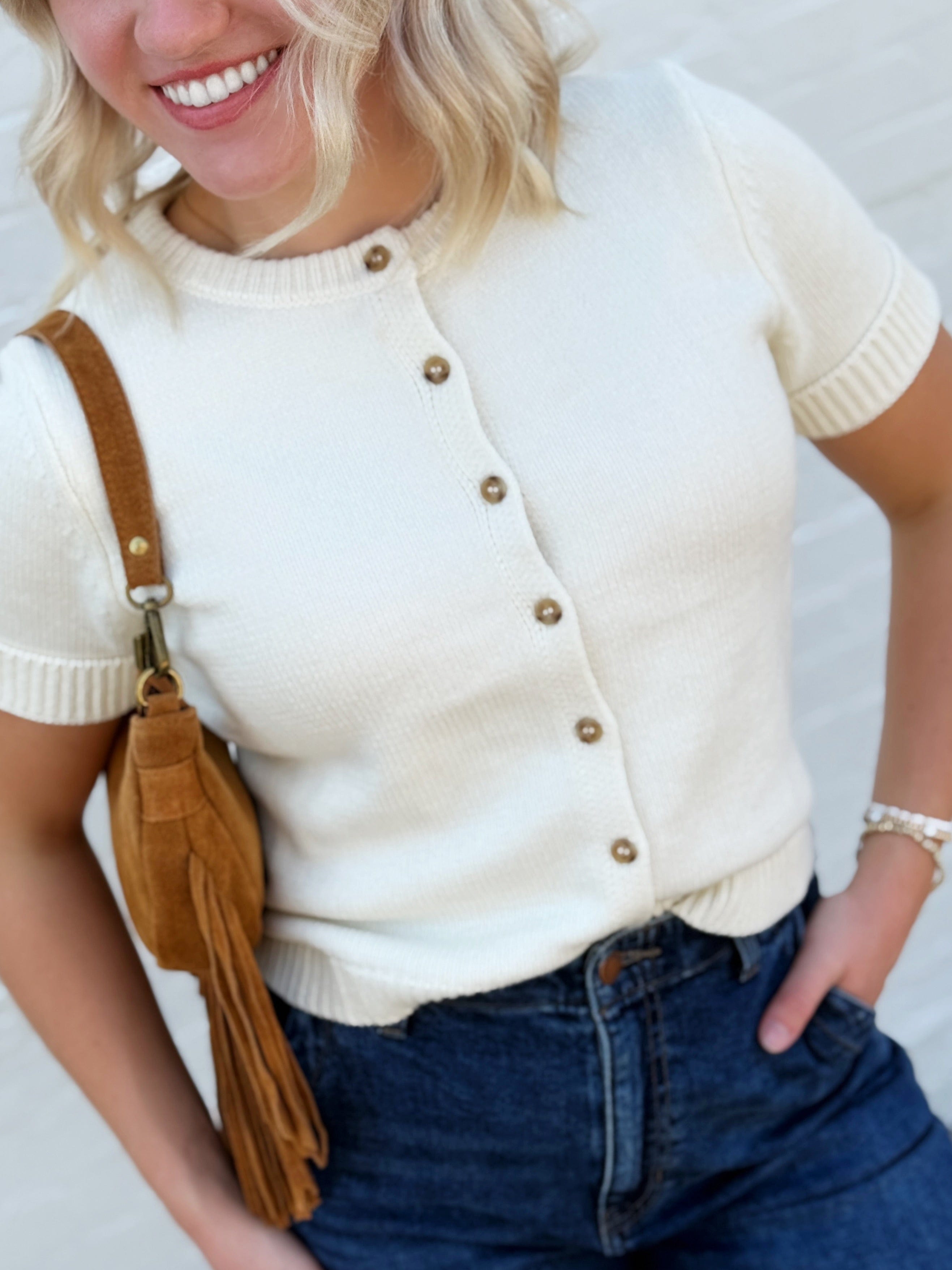 Short Sleeve Button Down Cardigan in Ivory - Infinity Raine