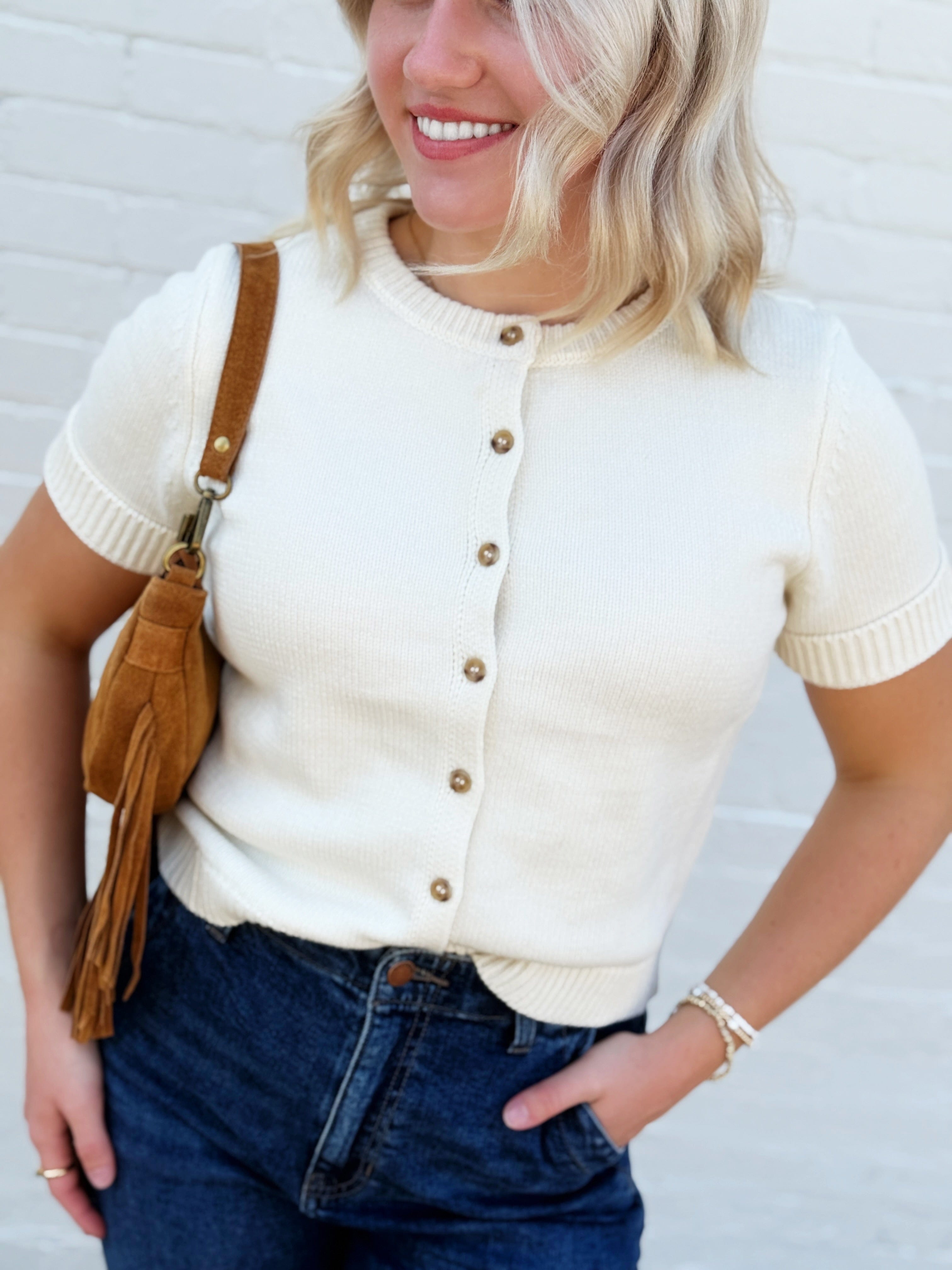 Short Sleeve Button Down Cardigan in Ivory - Infinity Raine