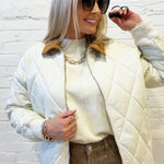 blu pepper Outerwear - Jackets & Coats Corduroy Collar Quilted Zip-up Jacket in Ivory