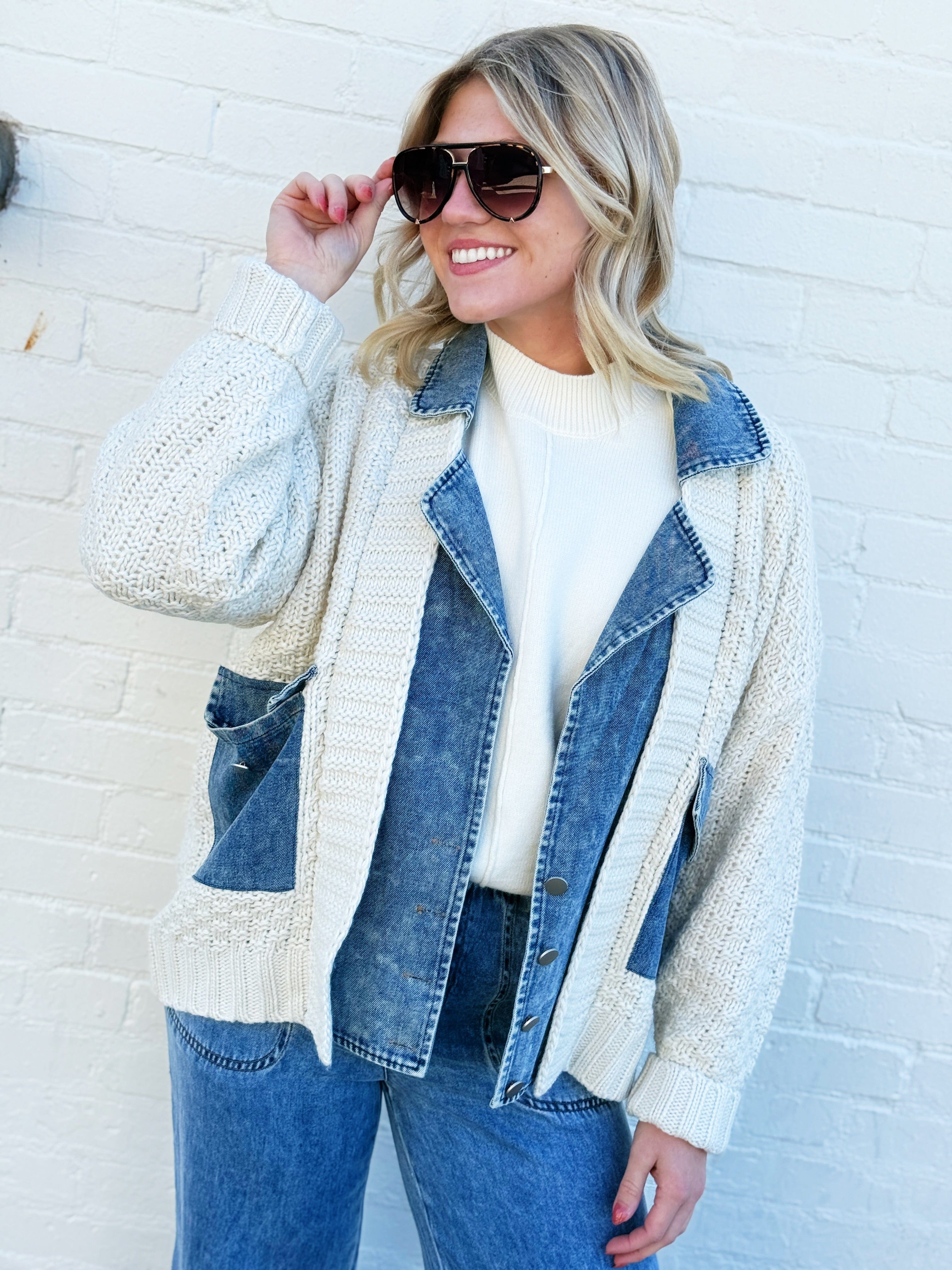 blu pepper Outerwear - Jackets & Coats Mixed Media Cable Denim Jacket In Natural