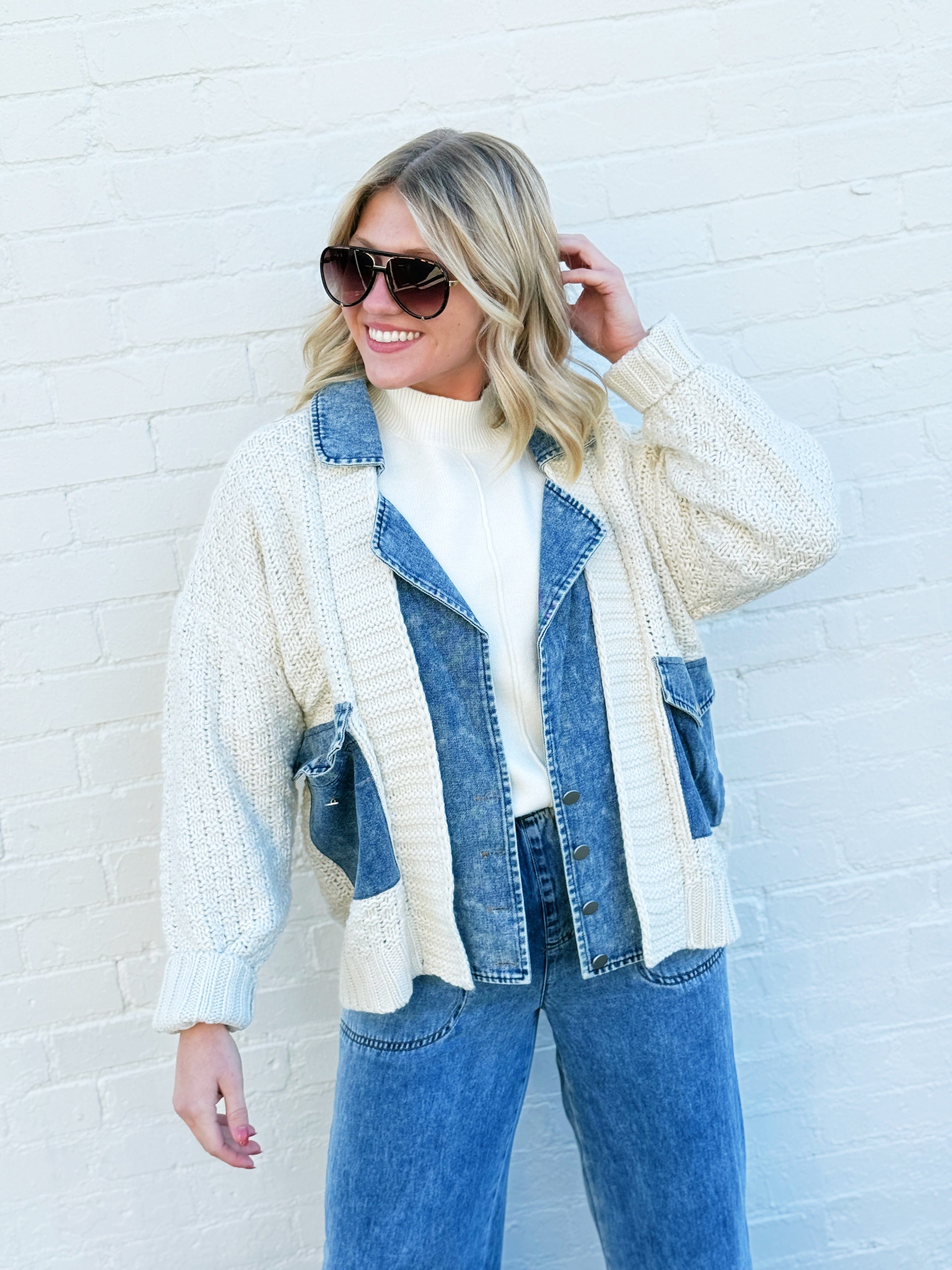 blu pepper Outerwear - Jackets & Coats Mixed Media Cable Denim Jacket In Natural