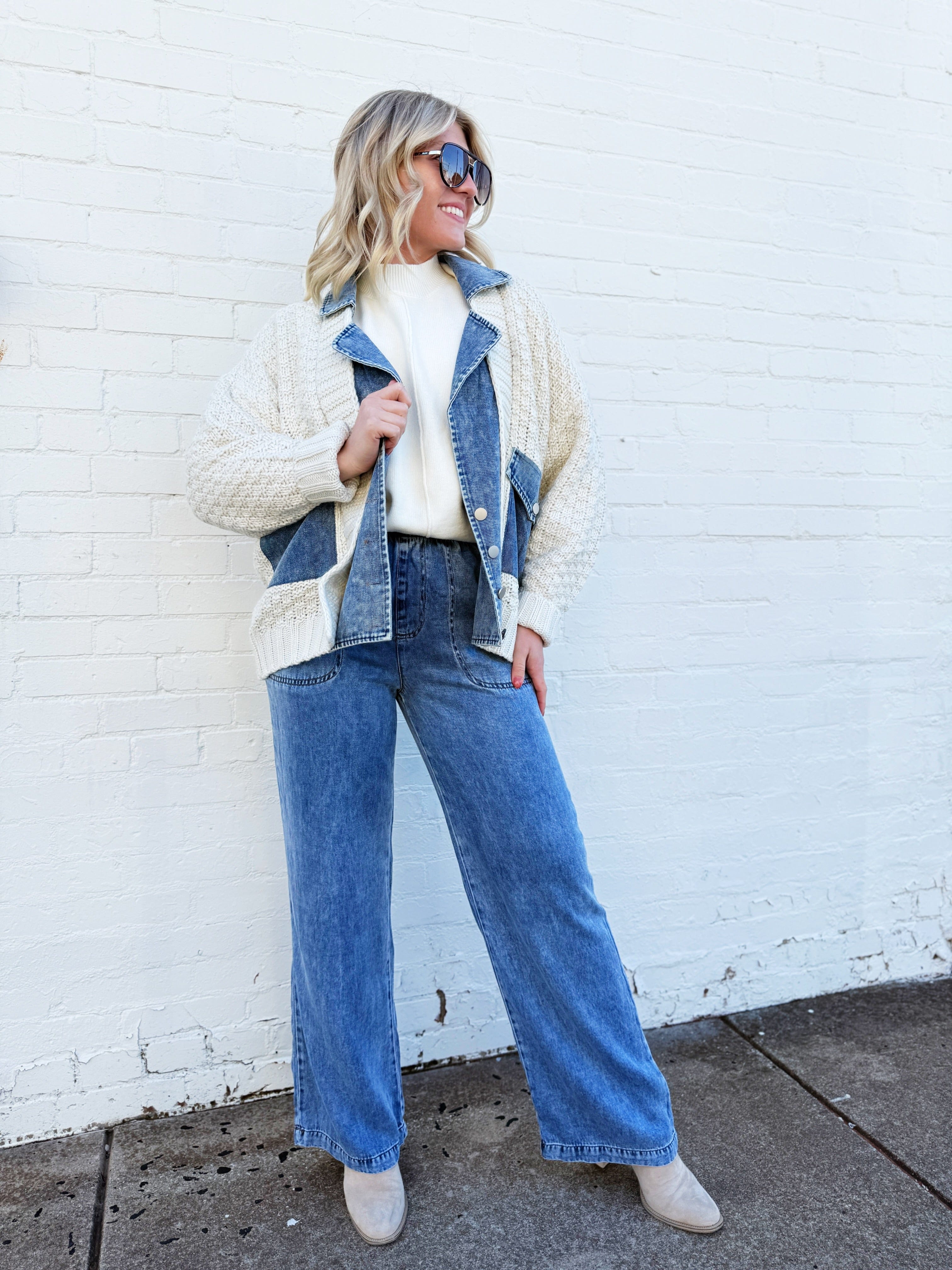 blu pepper Outerwear - Jackets & Coats Mixed Media Cable Denim Jacket In Natural