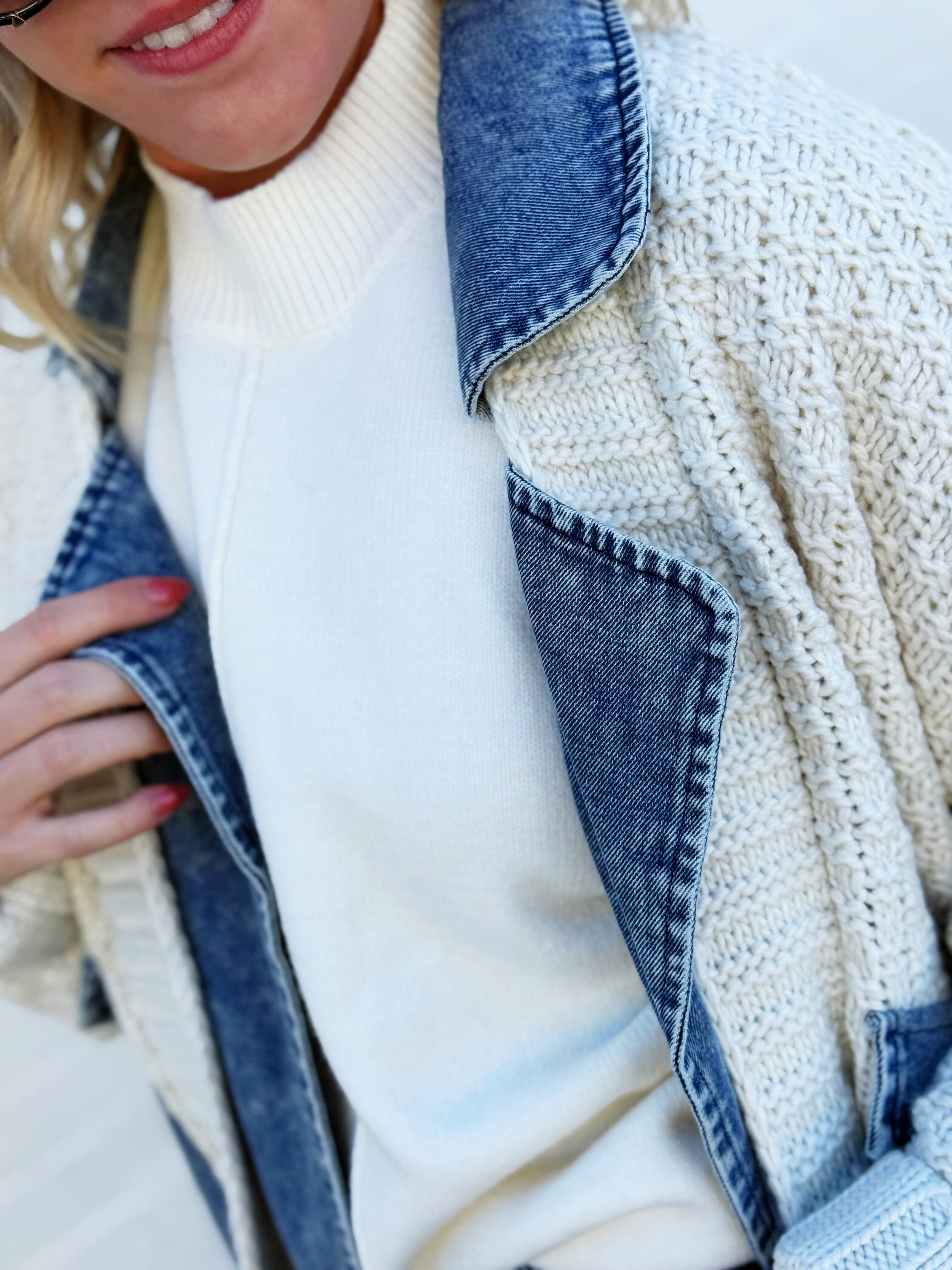 blu pepper Outerwear - Jackets & Coats Mixed Media Cable Denim Jacket In Natural