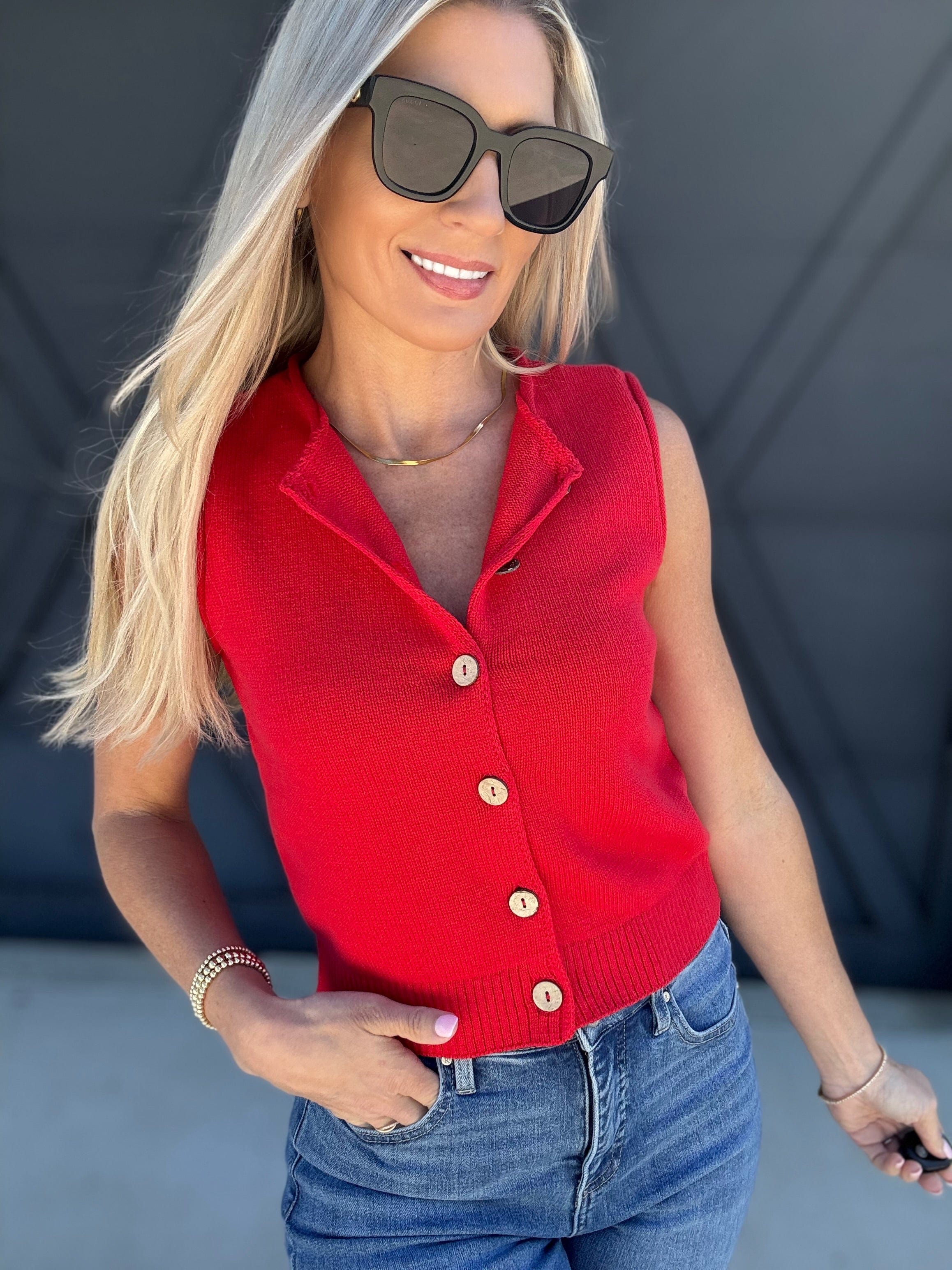 blu pepper Outerwear - Vests Button Down Cardigan Vest In Red