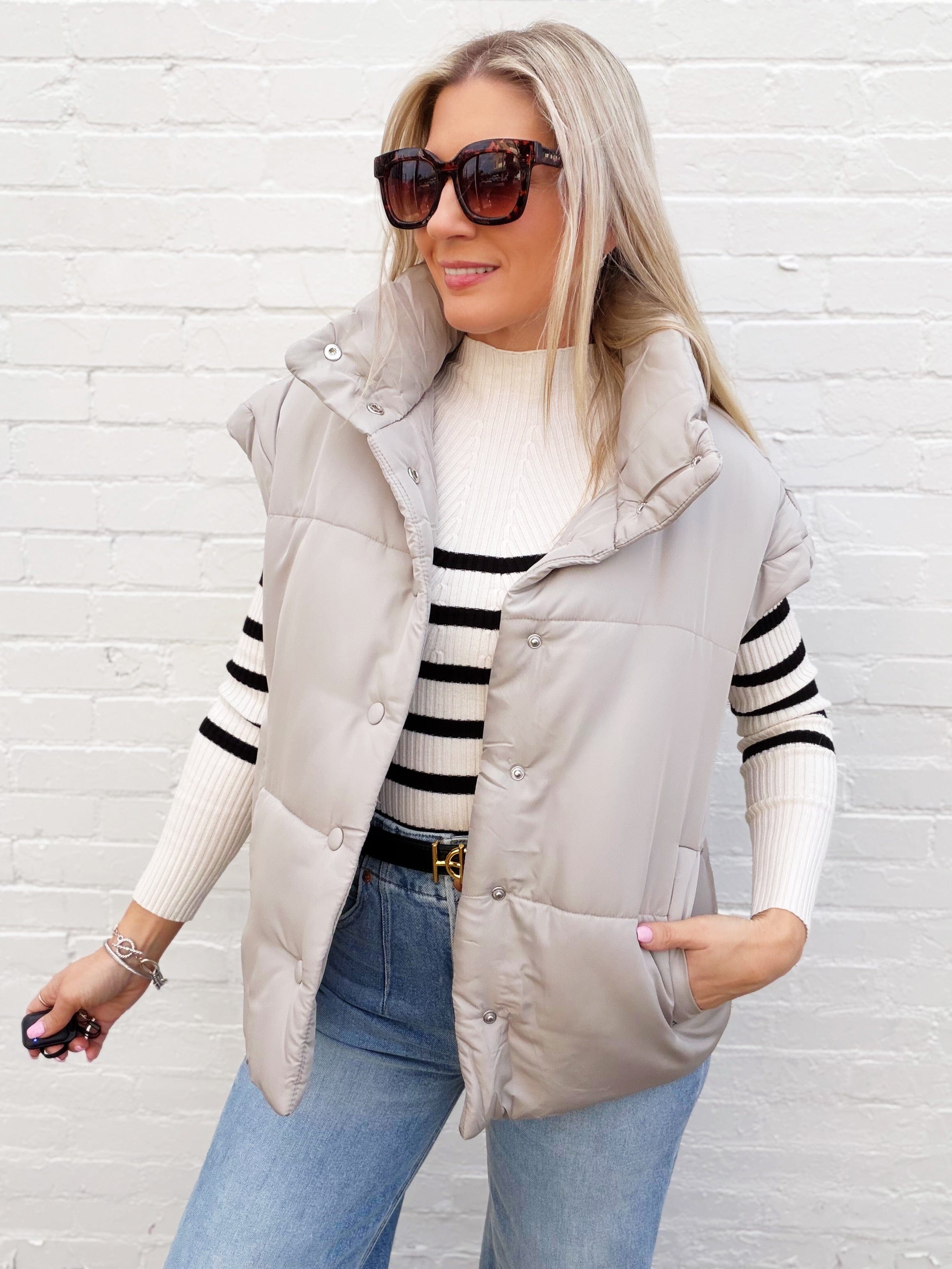 blu pepper Outerwear - Vests Oversized Snap Button Puffer Vest in Cement