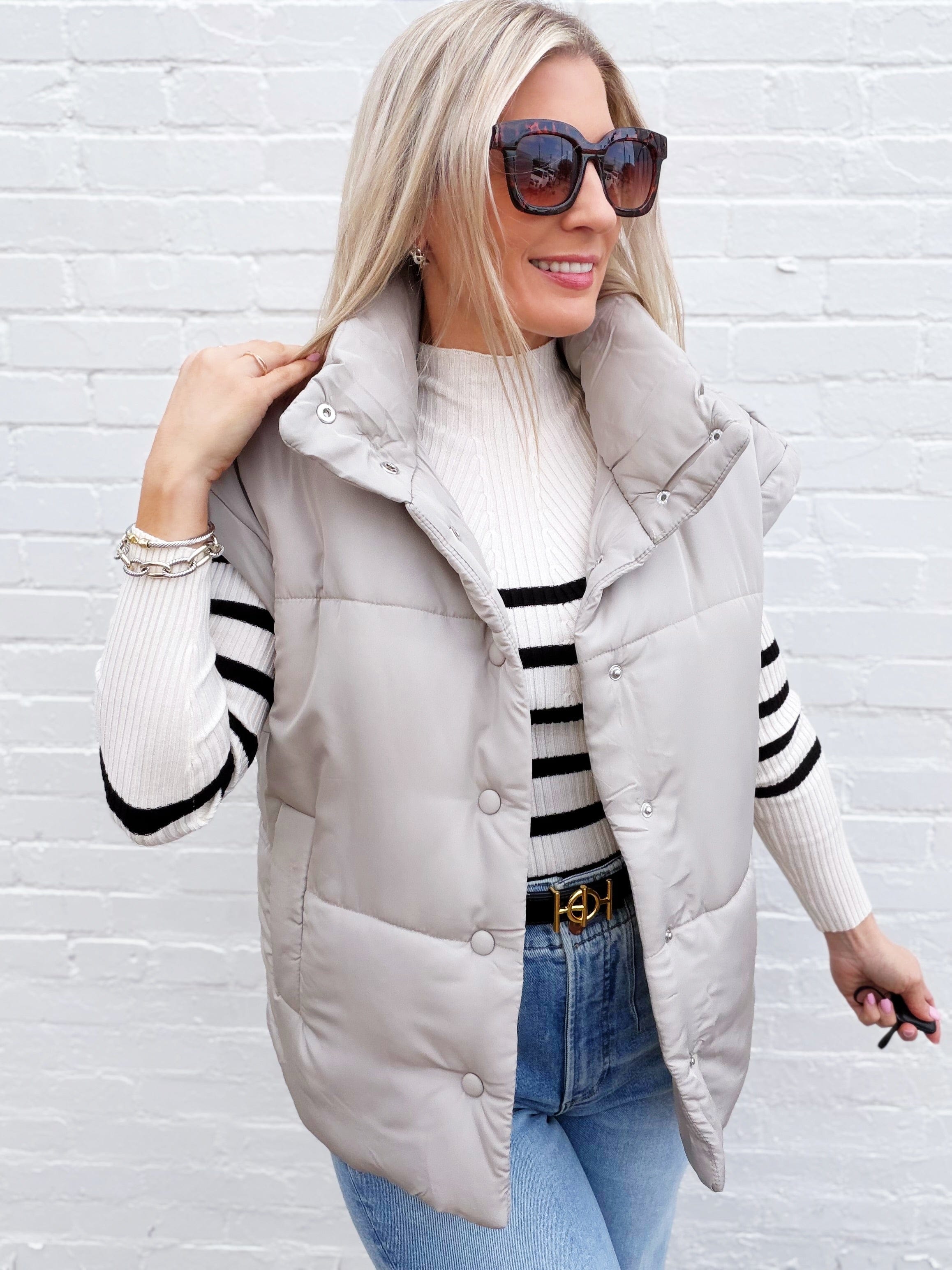 blu pepper Outerwear - Vests Oversized Snap Button Puffer Vest in Cement