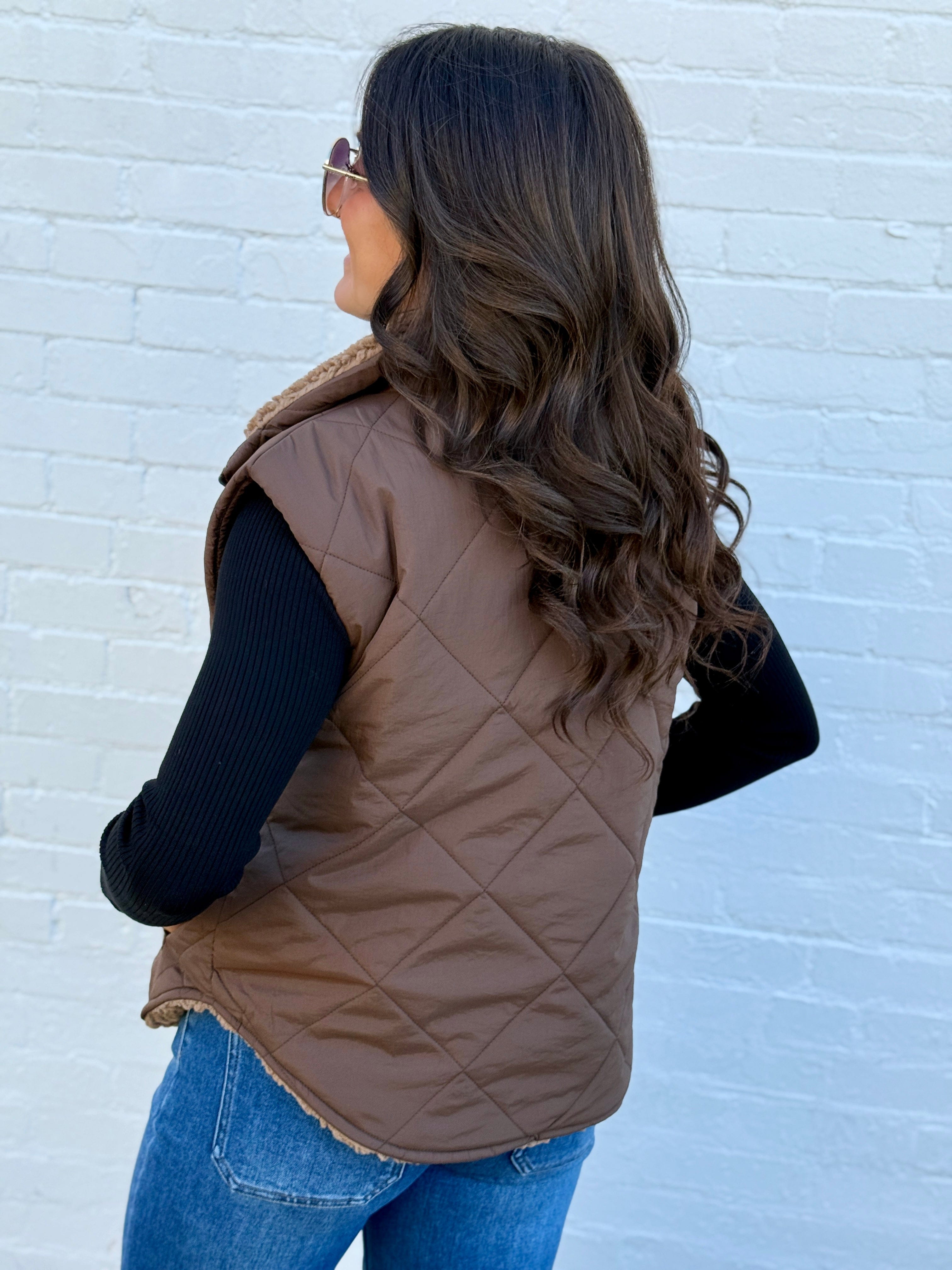 blu pepper Outerwear - Vests Quilted Fleece Lined Zip Up Puffer Vest In Dark Brown