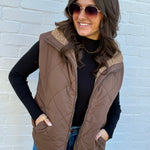 blu pepper Outerwear - Vests Quilted Fleece Lined Zip Up Puffer Vest In Dark Brown
