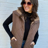 blu pepper Outerwear - Vests Quilted Fleece Lined Zip Up Puffer Vest In Dark Brown