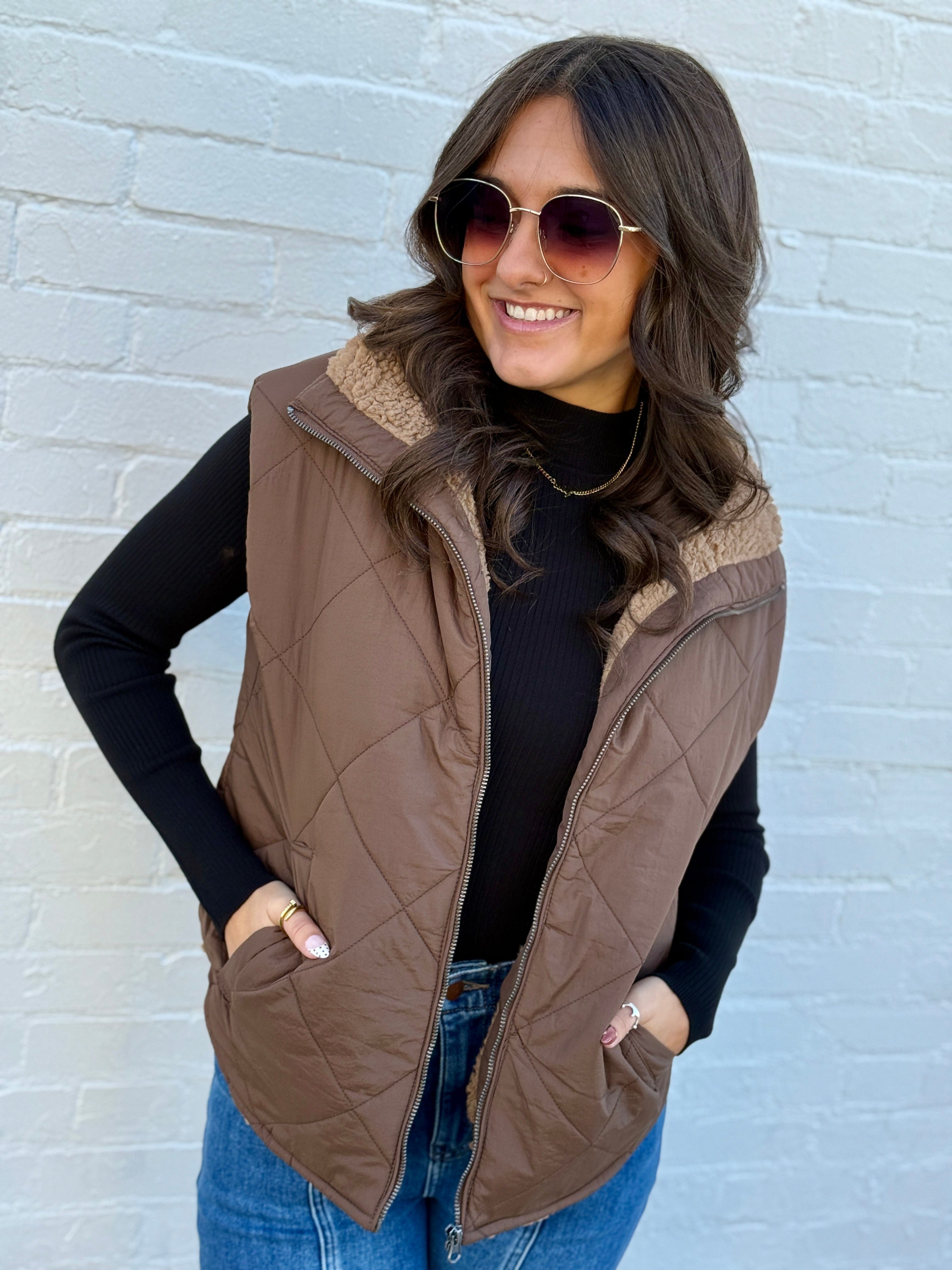 blu pepper Outerwear - Vests Quilted Fleece Lined Zip Up Puffer Vest In Dark Brown