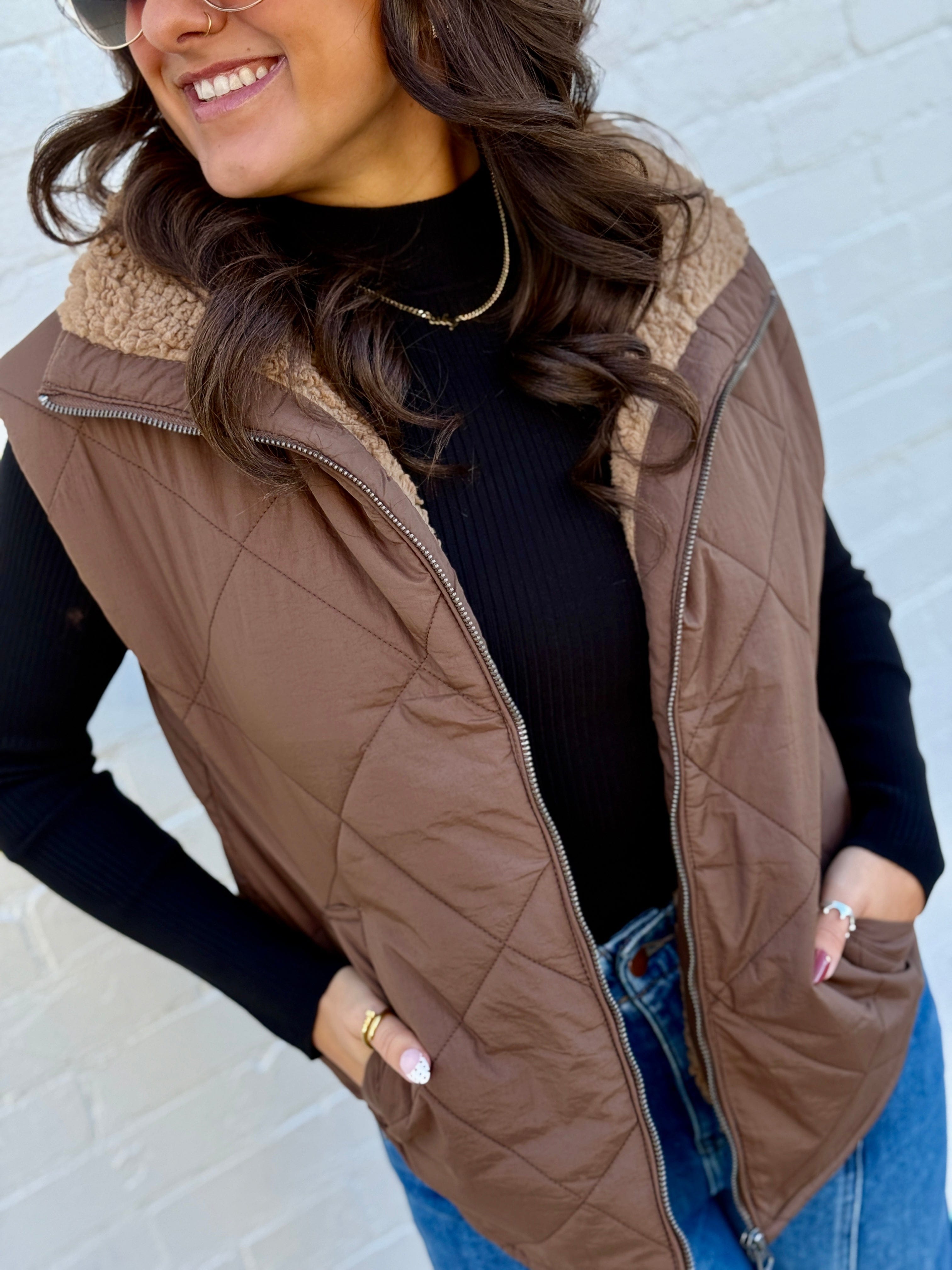 blu pepper Outerwear - Vests Quilted Fleece Lined Zip Up Puffer Vest In Dark Brown