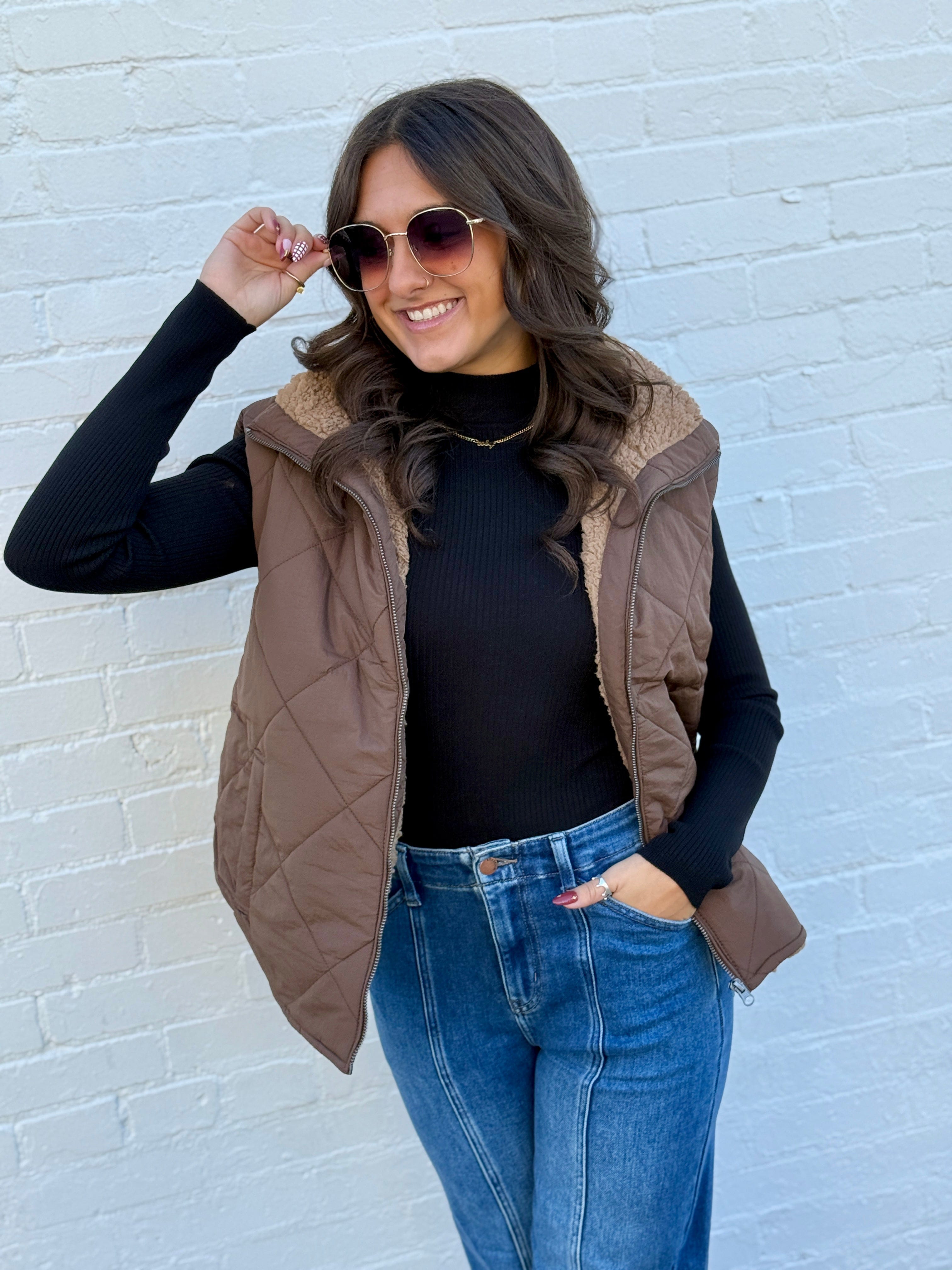 blu pepper Outerwear - Vests Quilted Fleece Lined Zip Up Puffer Vest In Dark Brown