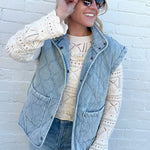 blu pepper Outerwear - Vests Washed Denim Quilted Button Down Vest