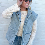 blu pepper Outerwear - Vests Washed Denim Quilted Button Down Vest