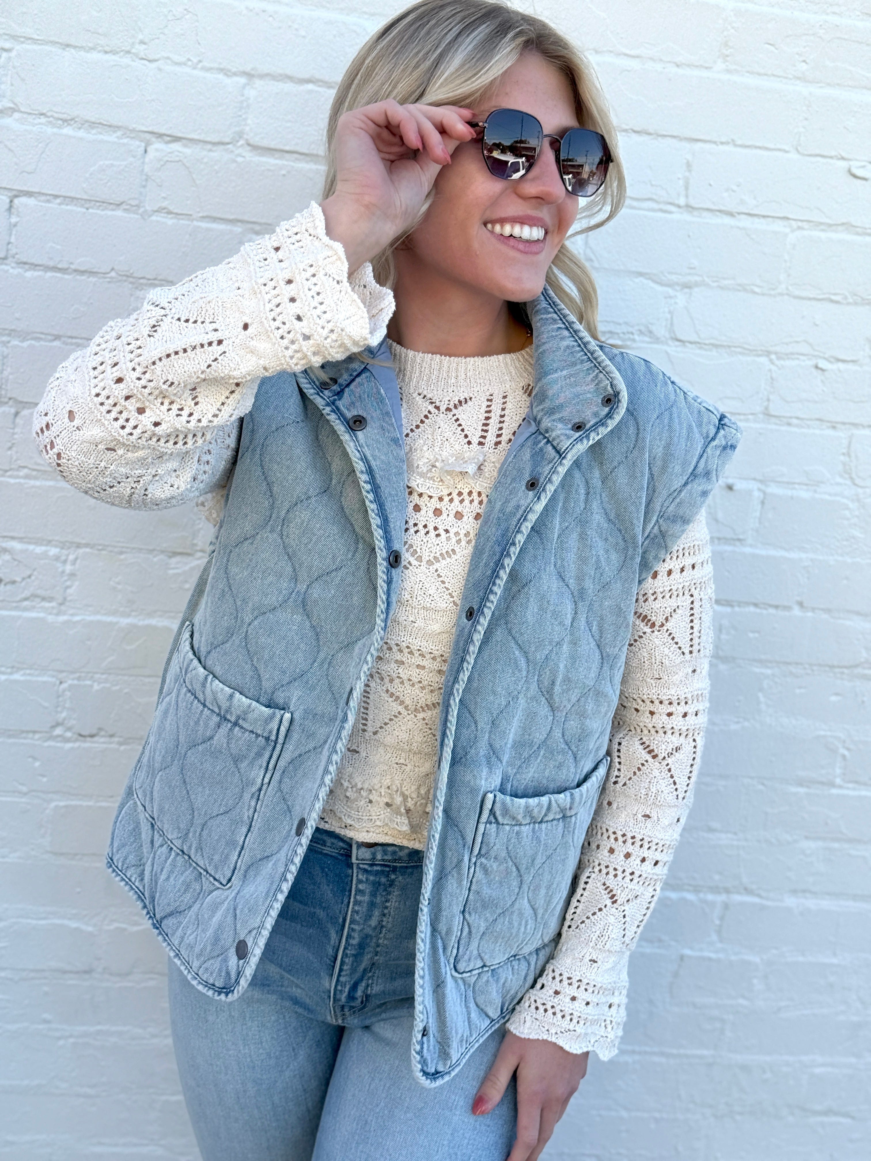 blu pepper Outerwear - Vests Washed Denim Quilted Button Down Vest