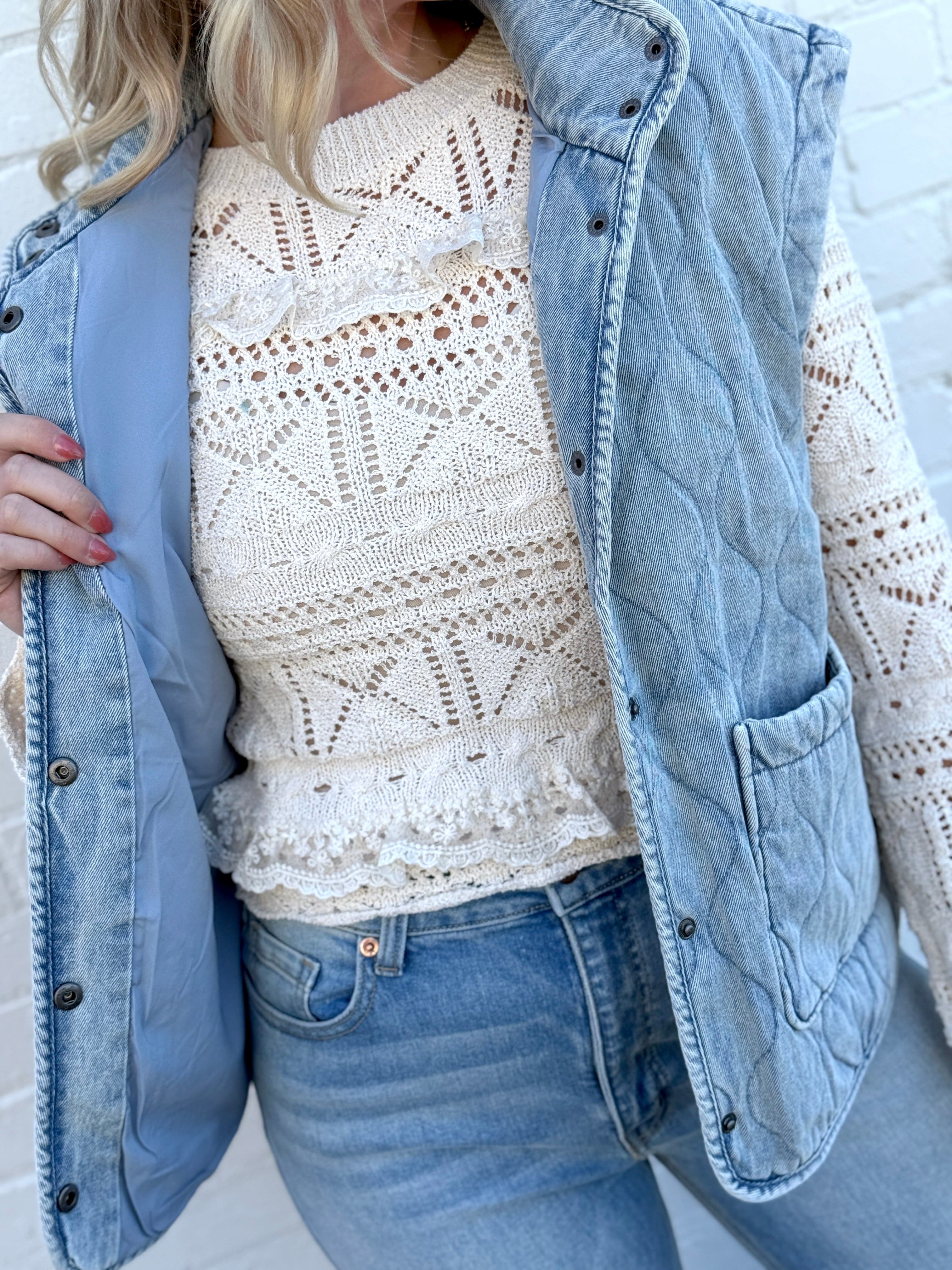 blu pepper Outerwear - Vests Washed Denim Quilted Button Down Vest