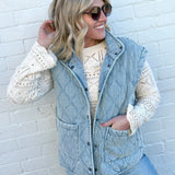 blu pepper Outerwear - Vests Washed Denim Quilted Button Down Vest