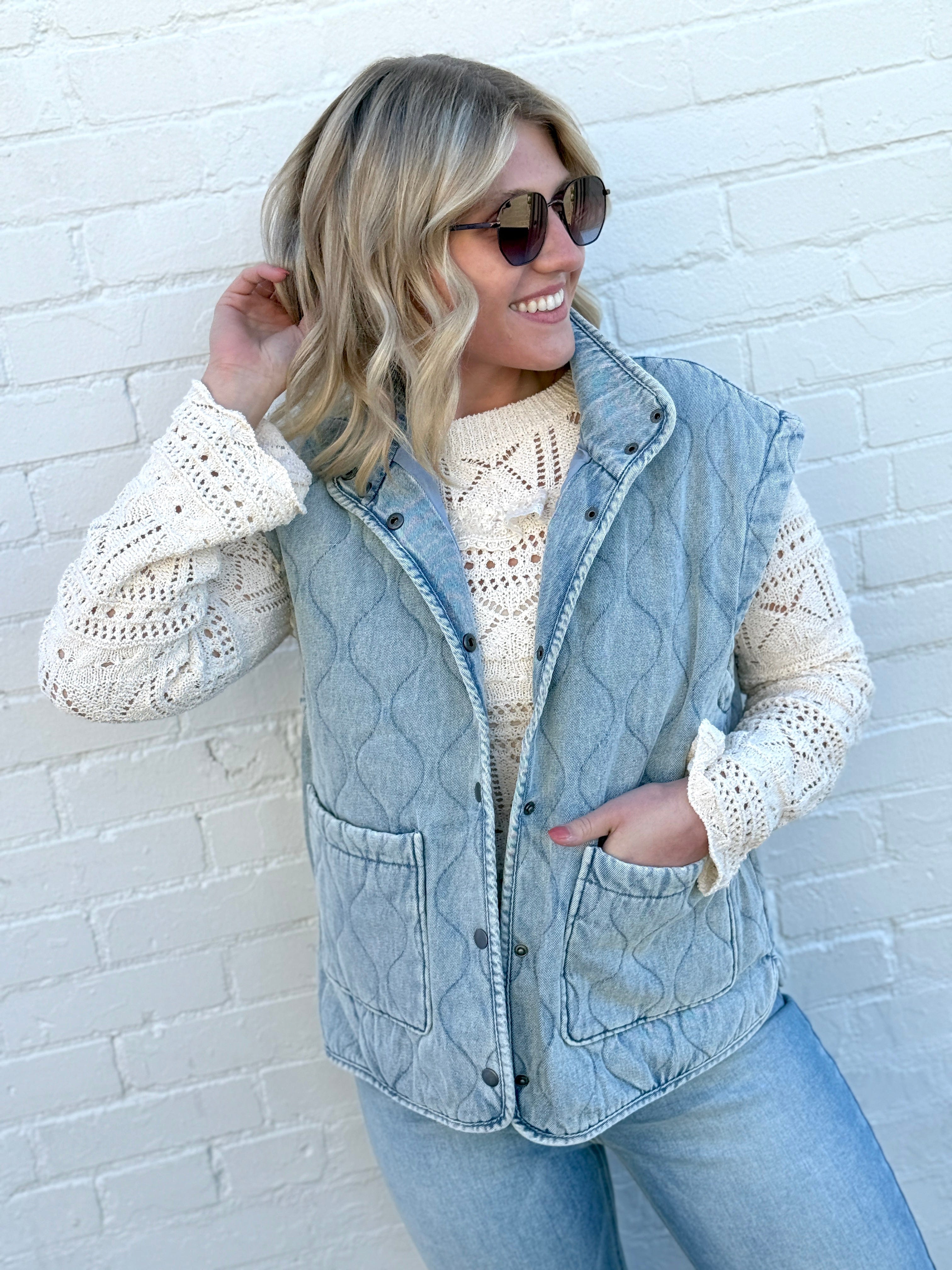 blu pepper Outerwear - Vests Washed Denim Quilted Button Down Vest