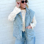 blu pepper Outerwear - Vests Washed Denim Quilted Button Down Vest
