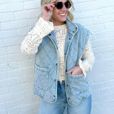 blu pepper Outerwear - Vests Washed Denim Quilted Button Down Vest
