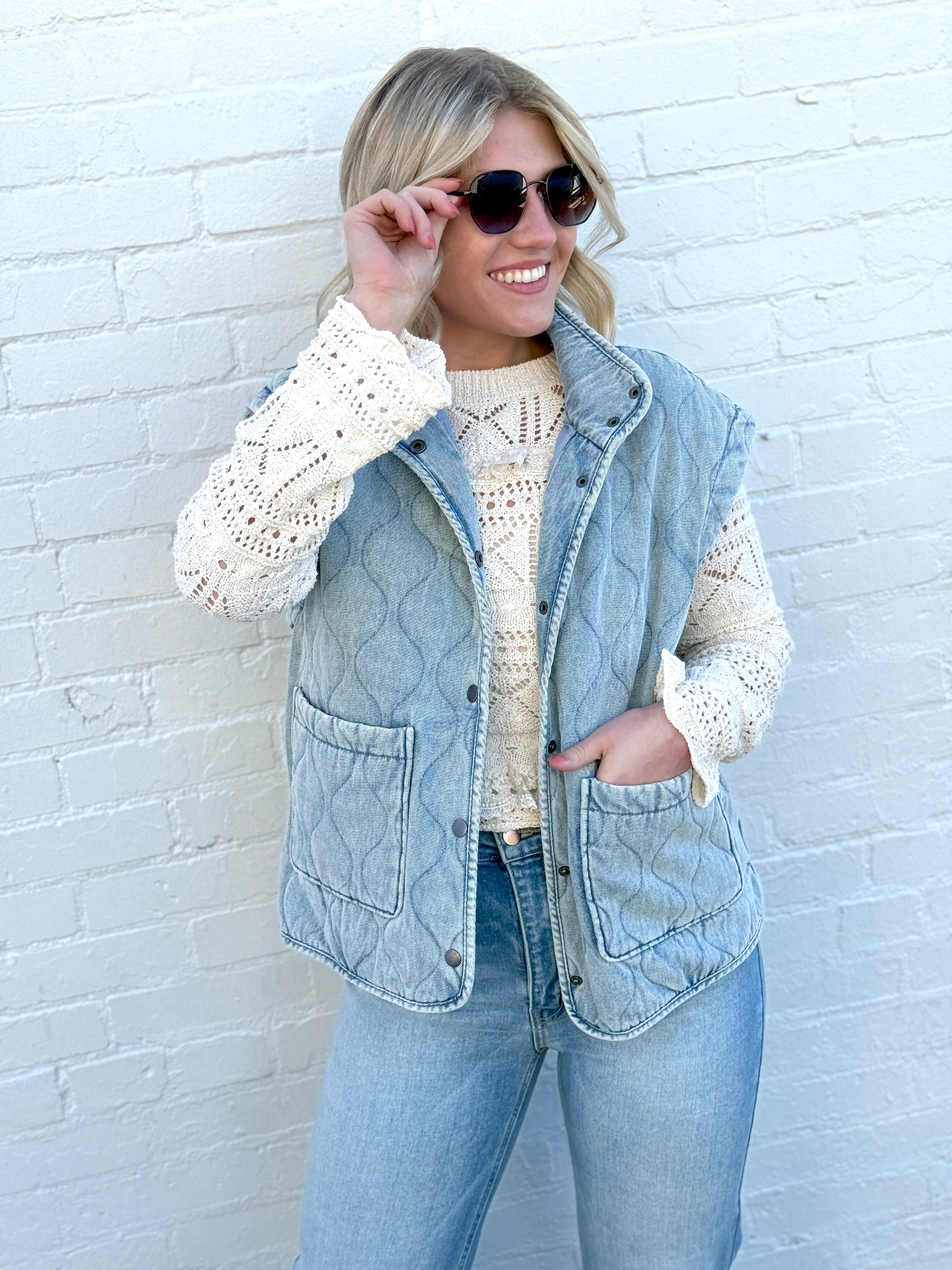 blu pepper Outerwear - Vests Washed Denim Quilted Button Down Vest