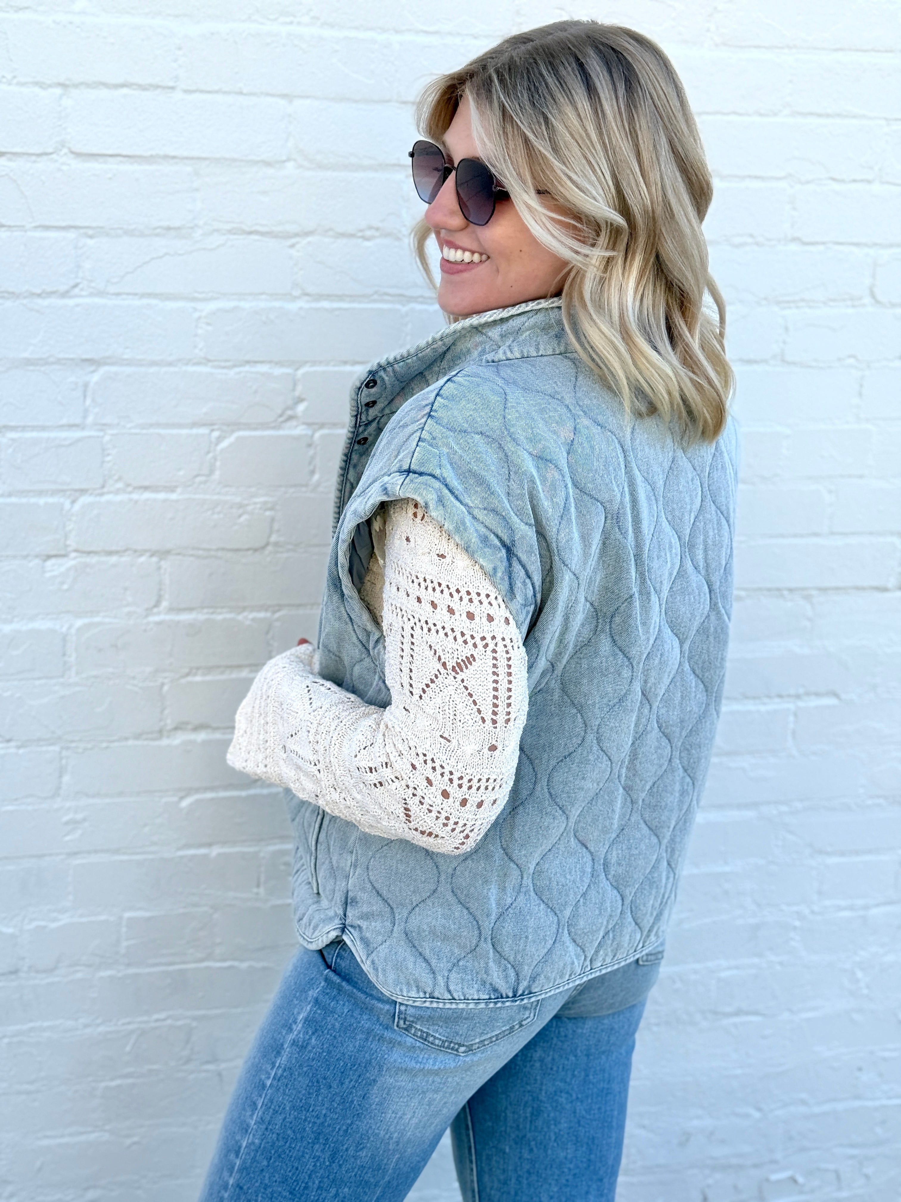 blu pepper Outerwear - Vests Washed Denim Quilted Button Down Vest