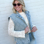 blu pepper Outerwear - Vests Washed Denim Quilted Button Down Vest