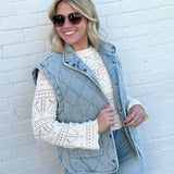 blu pepper Outerwear - Vests Washed Denim Quilted Button Down Vest