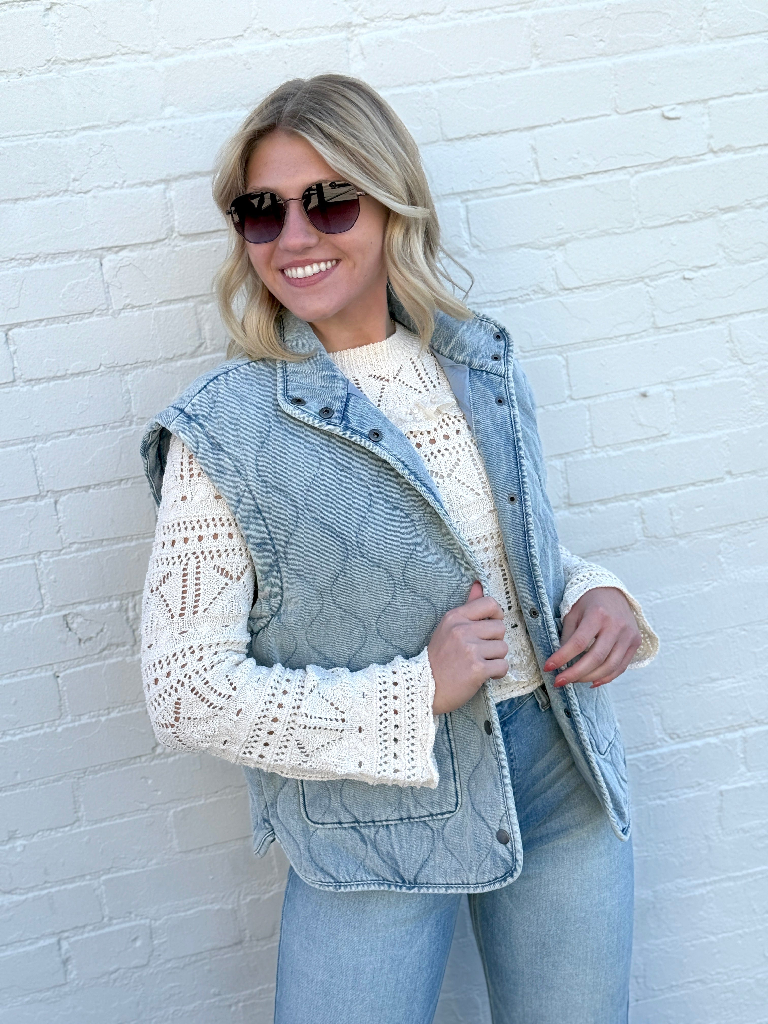 blu pepper Outerwear - Vests Washed Denim Quilted Button Down Vest