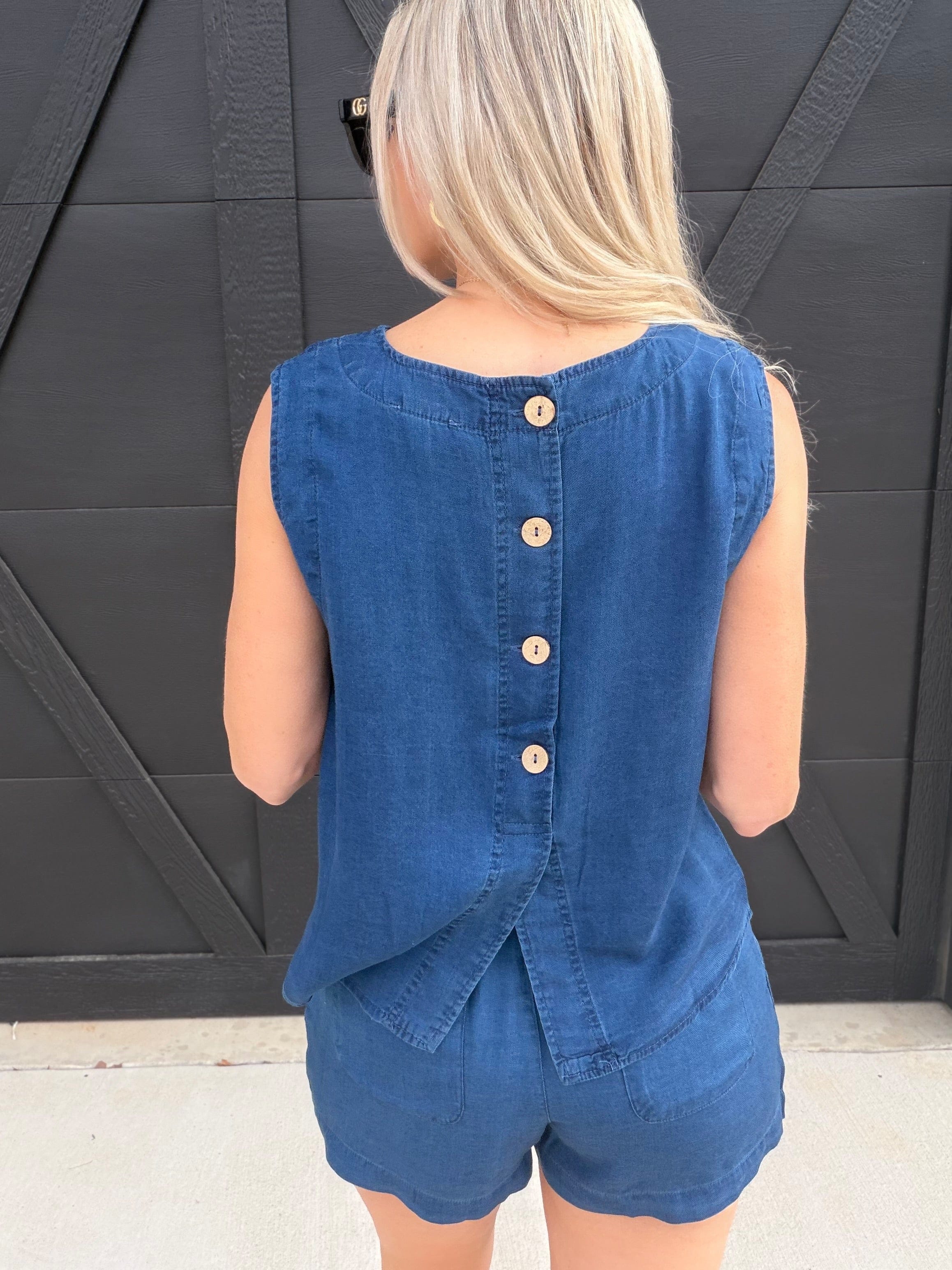 blu pepper Tops - Blouses Back Half Button Detail Crop Top In Chambray