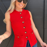 blu pepper Tops - Blouses Button Down Sleeveless Split Hem Knit Vest In Red
