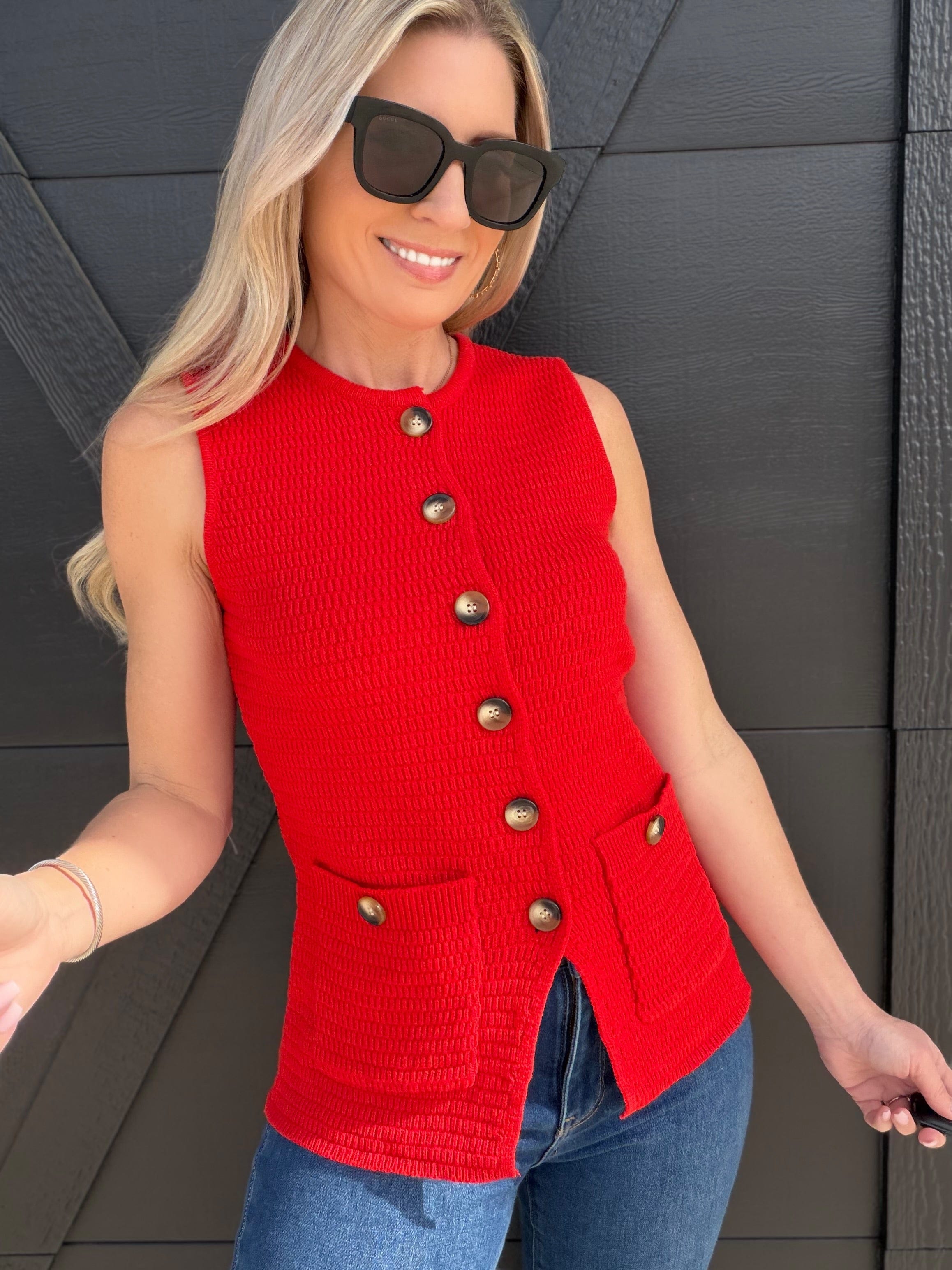 blu pepper Tops - Blouses Button Down Sleeveless Split Hem Knit Vest In Red