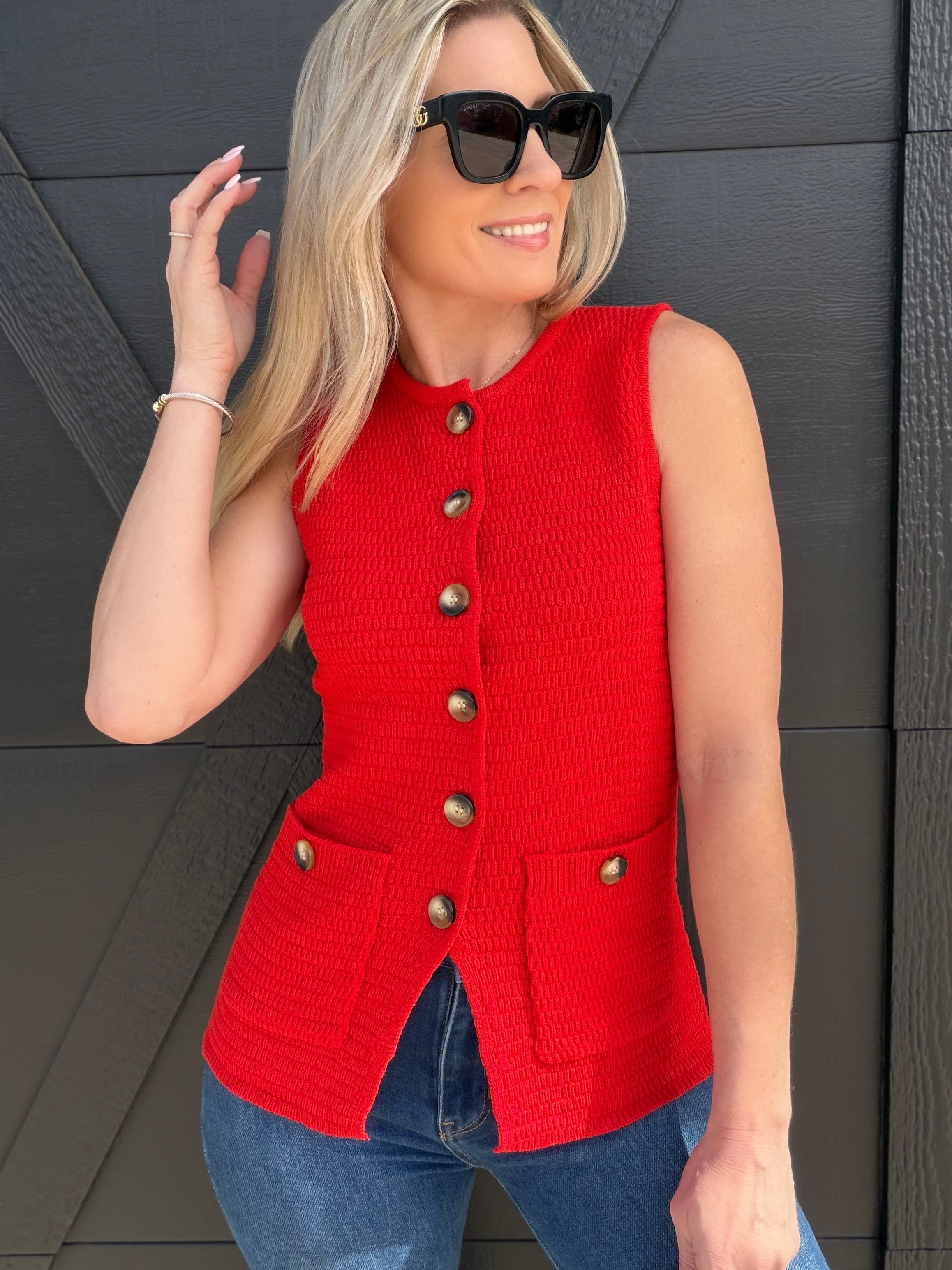 blu pepper Tops - Blouses Button Down Sleeveless Split Hem Knit Vest In Red