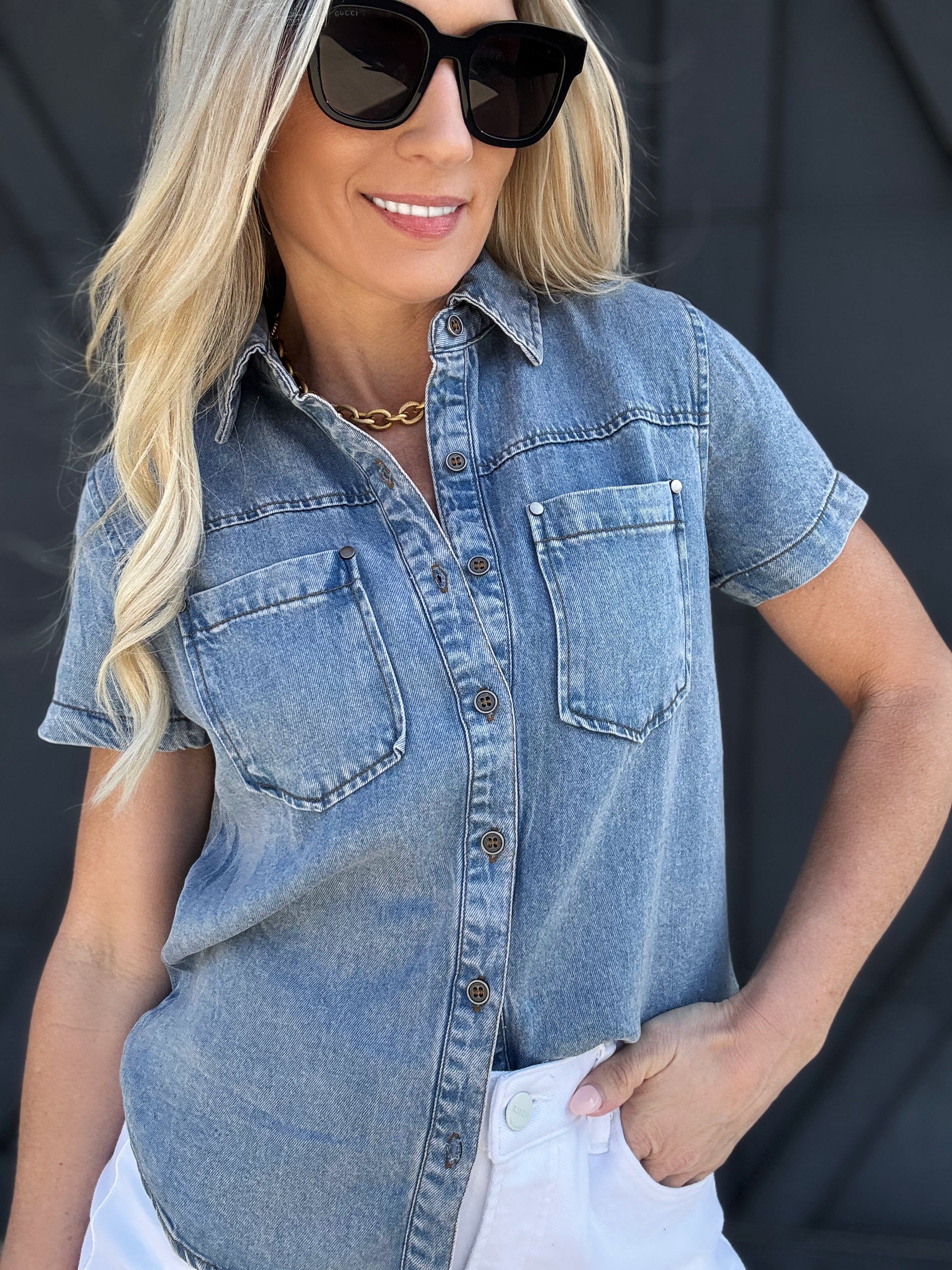 Collared Button Down Top Chambray - Infinity Raine
