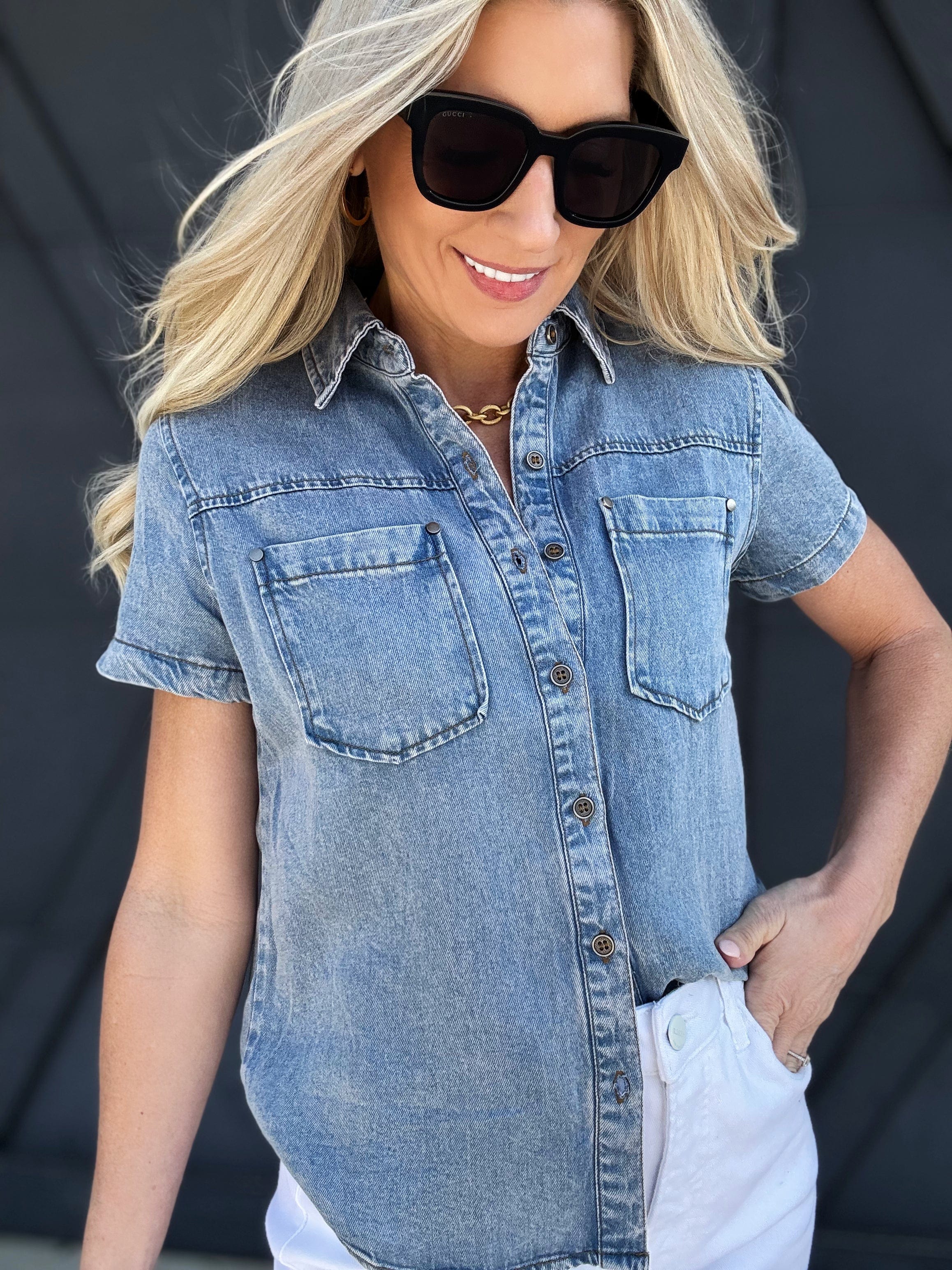 Collared Button Down Top Chambray - Infinity Raine