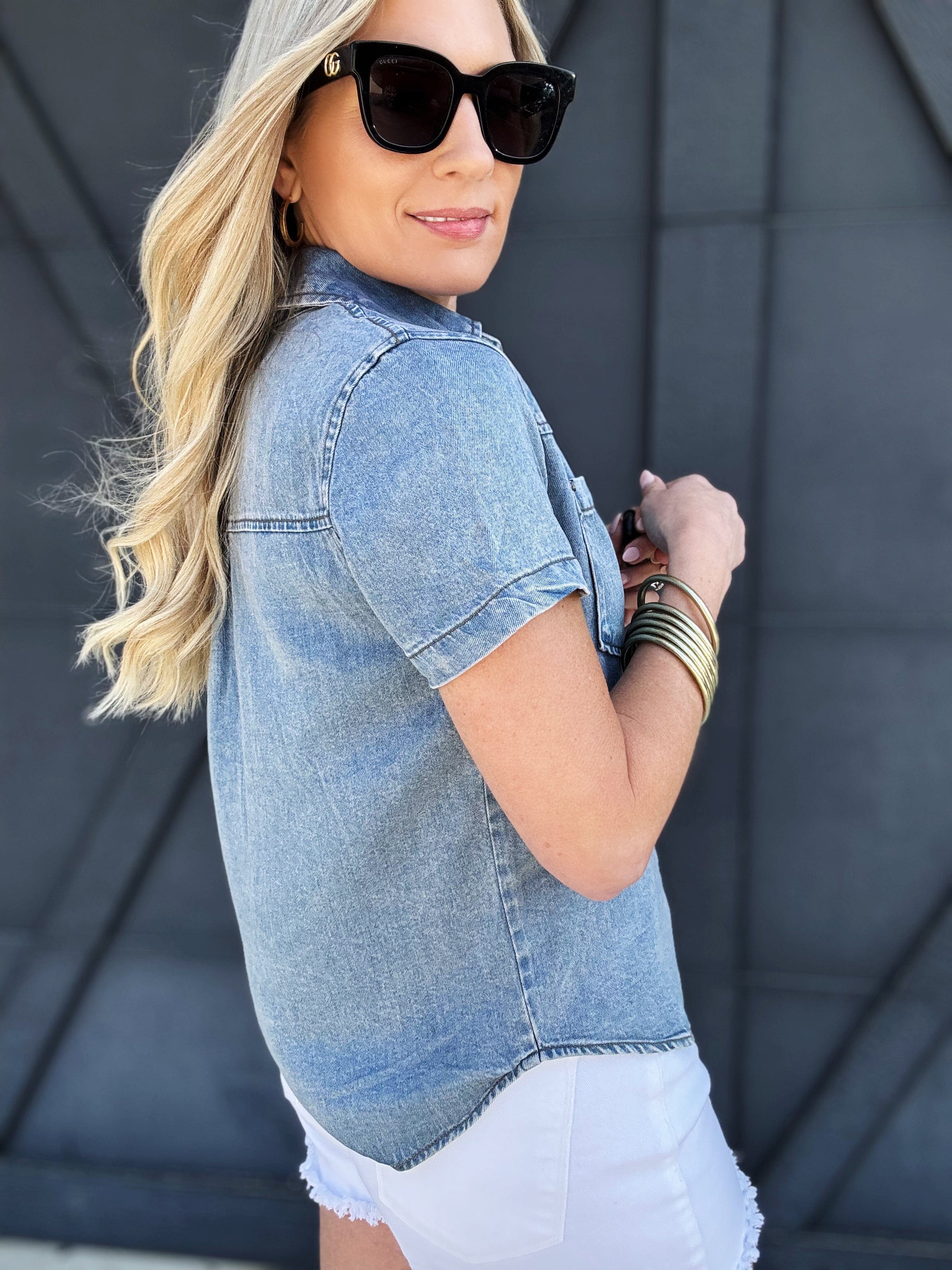 Collared Button Down Top Chambray - Infinity Raine