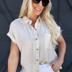 Collared Cuff Sleeve Top In Oatmeal - Infinity Raine