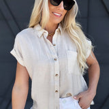 Collared Cuff Sleeve Top In Oatmeal - Infinity Raine