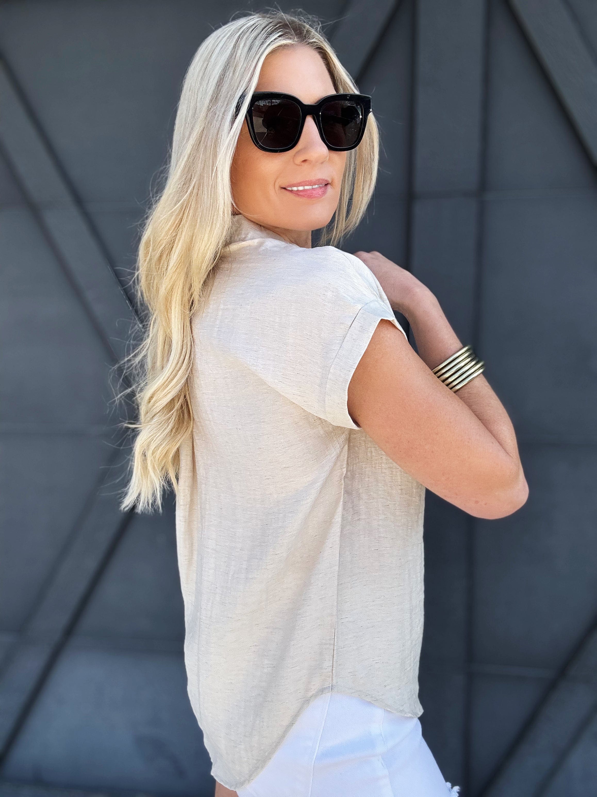Collared Cuff Sleeve Top In Oatmeal - Infinity Raine
