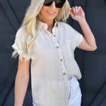 Collared Cuff Sleeve Top In Oatmeal - Infinity Raine
