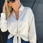 Collared Front Tie Blouse In Champagne - Infinity Raine