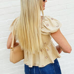 Daisy Embroidered Puff Sleeve Blouse In Taupe - Infinity Raine