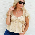 Daisy Embroidered Puff Sleeve Blouse In Taupe - Infinity Raine