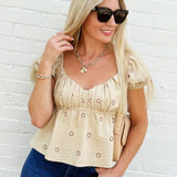 Daisy Embroidered Puff Sleeve Blouse In Taupe - Infinity Raine