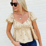 Daisy Embroidered Puff Sleeve Blouse In Taupe - Infinity Raine
