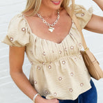 Daisy Embroidered Puff Sleeve Blouse In Taupe - Infinity Raine
