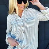 Double Pocket Striped Button Down-Olive - Infinity Raine