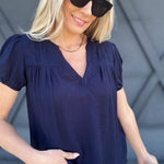 Eyelet Yoke Detail Puff Sleeve Top In Navy - Infinity Raine